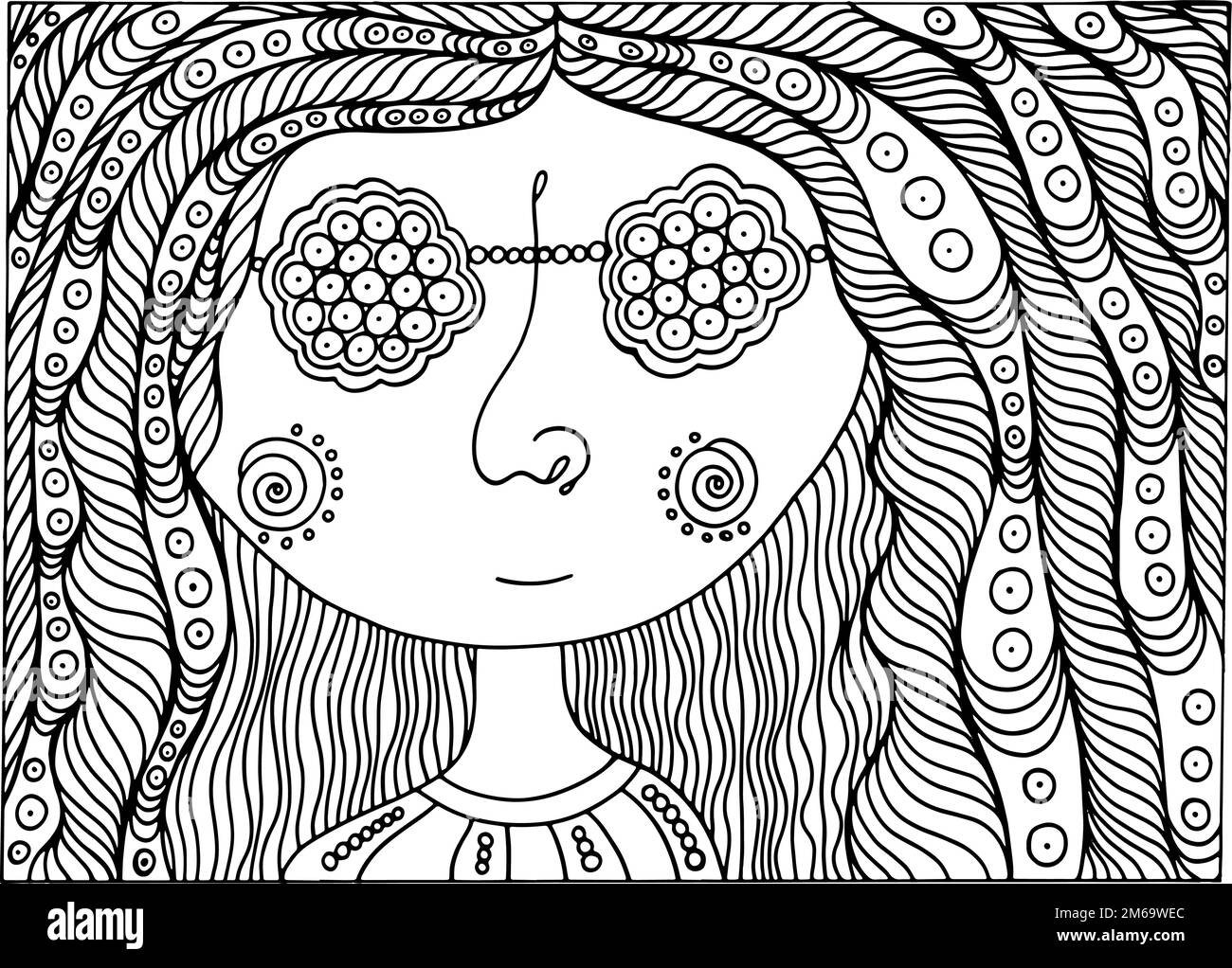Hiipie girl in the sunglasses - coloring page for adults. Hippie retro ...