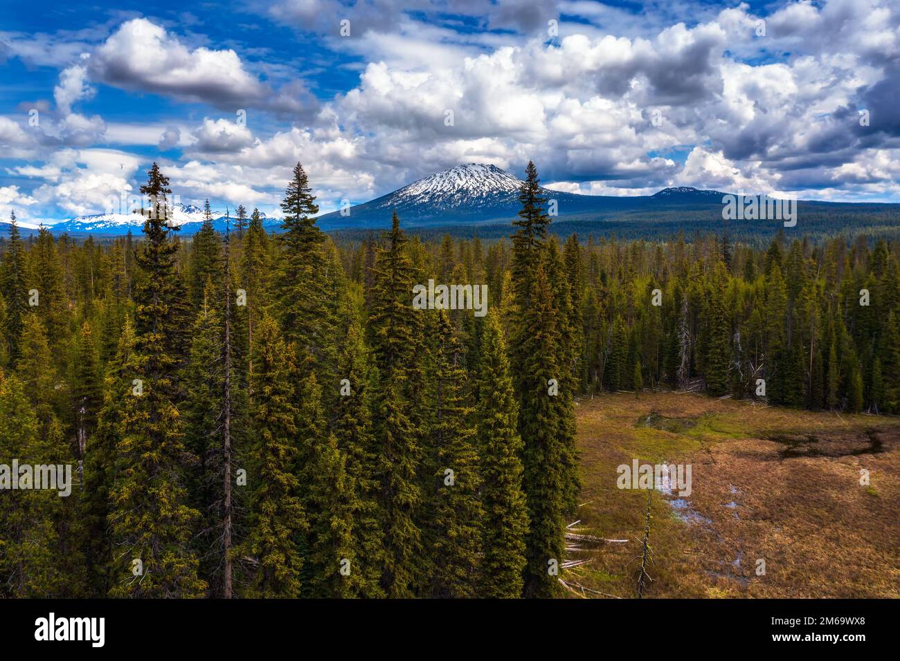 Aerial view of Mt. Bachelor over forests from Lava Lake Road in Oregon, USA Stock Photo