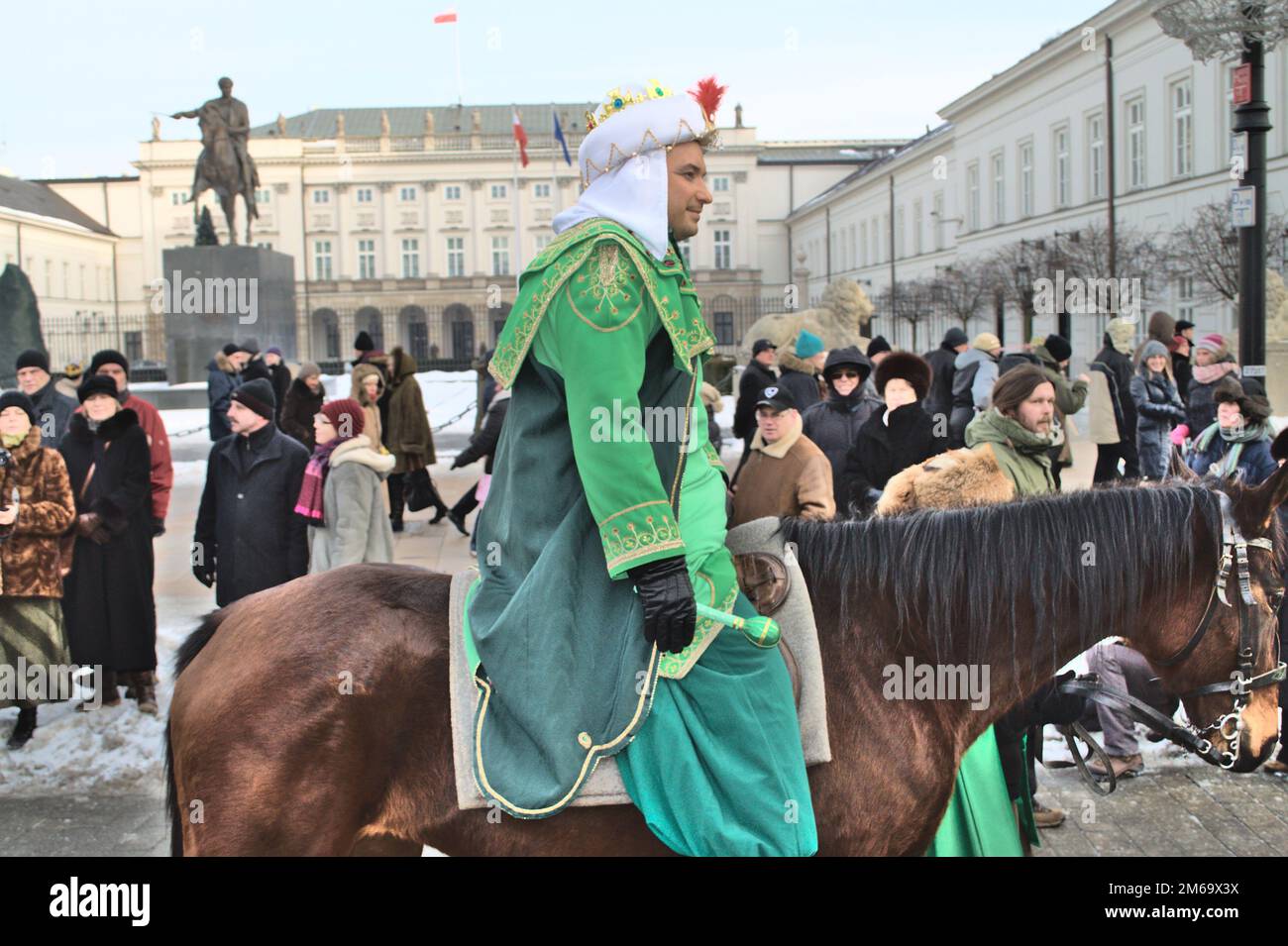 A volunteer dressed as Gasper - one of the Three King during the annual Three Kings Day Parade (Epiphany) on January 06. Stock Photo