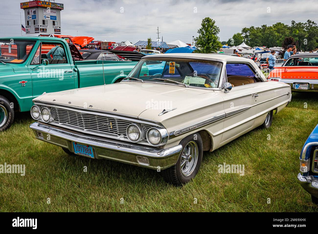 Iola, WI - July 07, 2022: High perspective front corner view of a 1964 Ford Galaxie 500 XL 2 Door Hardtop at a local car show. Stock Photo
