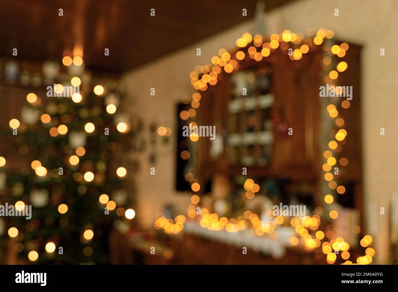 Atmospheric Christmas Lighting in Family Room - Blurry Background Stock Photo