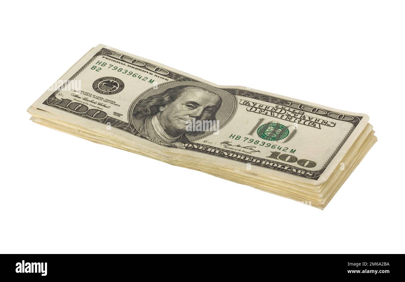 Stack of US Hundred Dollar Bills Isolated on White Background. Stock Photo