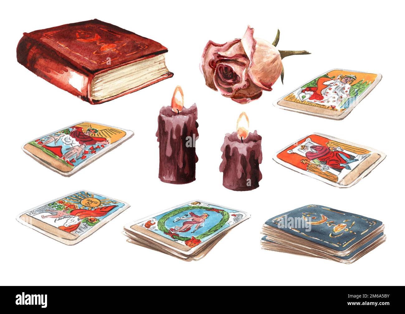 Tarot reader or fortune teller,  tarot cards, book and candles set. Hand drawn watercolor illustration,  isolated on white background Stock Photo