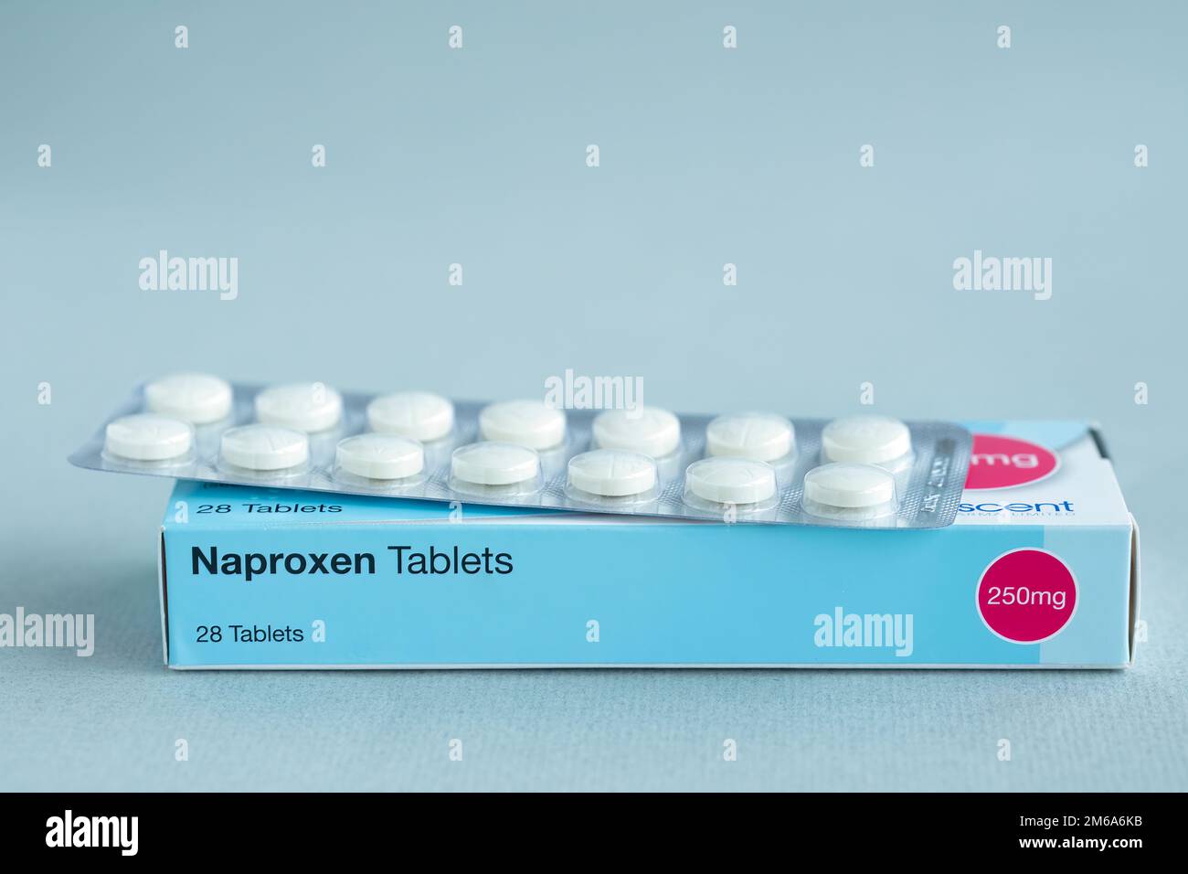 A box of prescription drug Naproxen. A non steroid anti inflammatory drug  It reduces swelling (inflammation) and pain in joints and muscles. Stock Photo