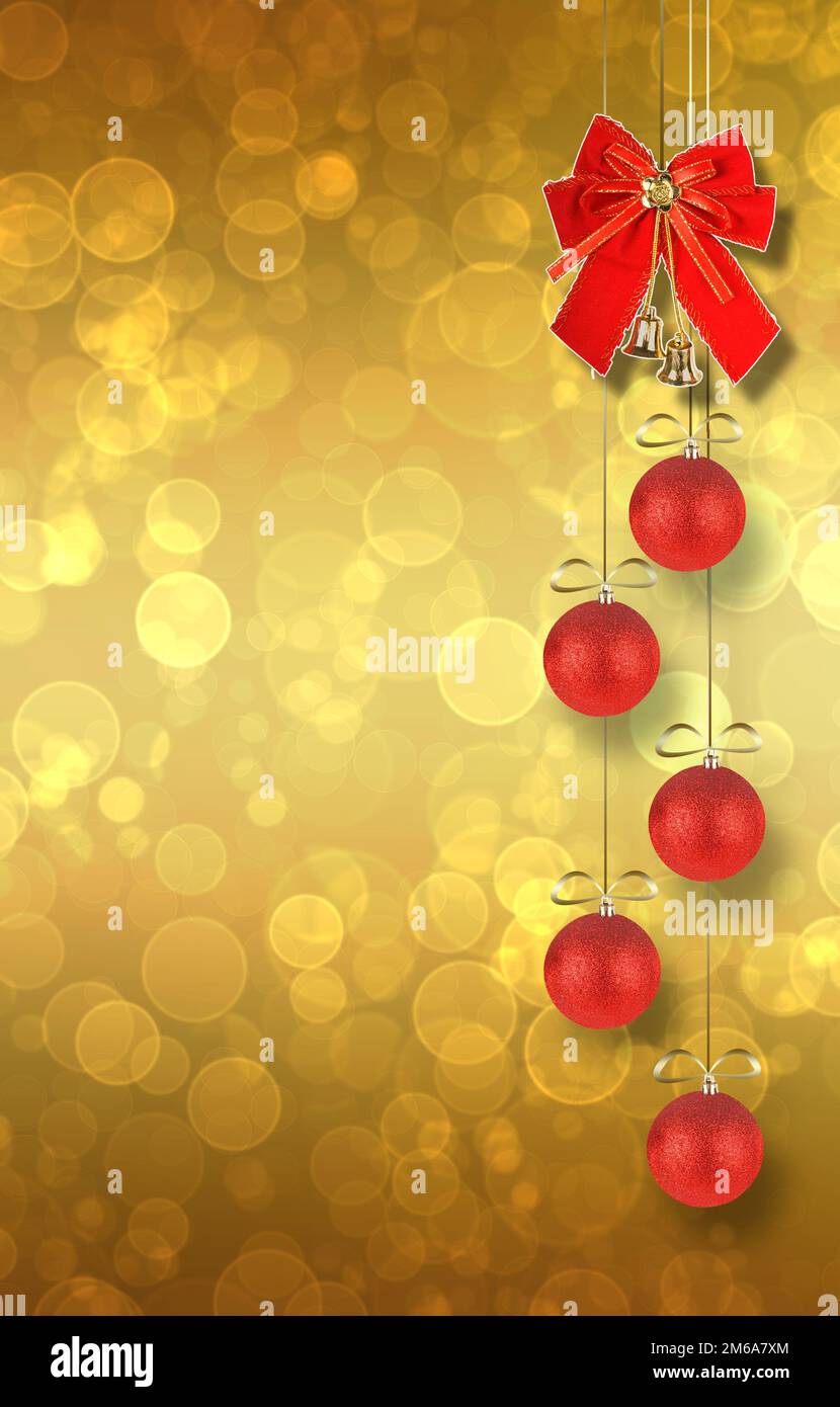 Christmas balls and red bow with bells on abstract snowy background