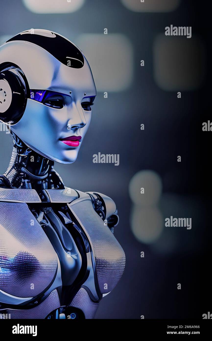 Humanoid female robot with silver cyborg armor and protruding pointed chest shield in front of blurred background, made with generative AI. Stock Photo