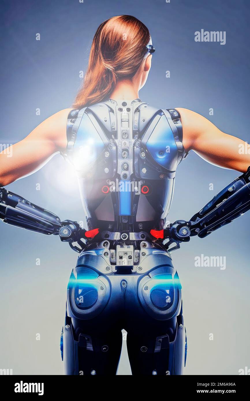 Back view of a slender female warrior wearing silver cyborg armor with her hands supported on her hips, made with generative AI. Stock Photo