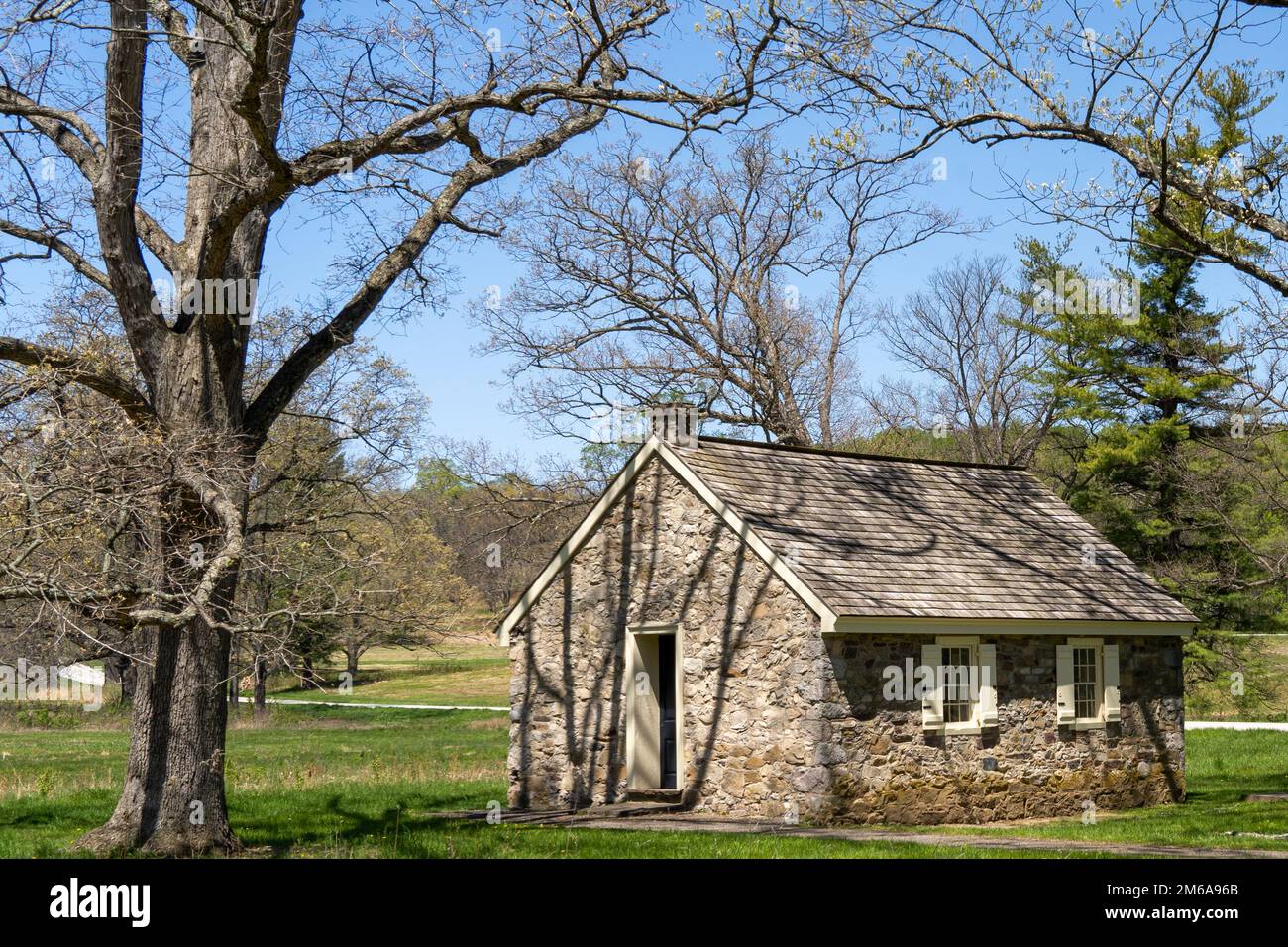Exterior of Letitia Penn Schoolhouse a stone one-room schoolhouse at Valley Forge National Historical Park, Pennsylvania Stock Photo