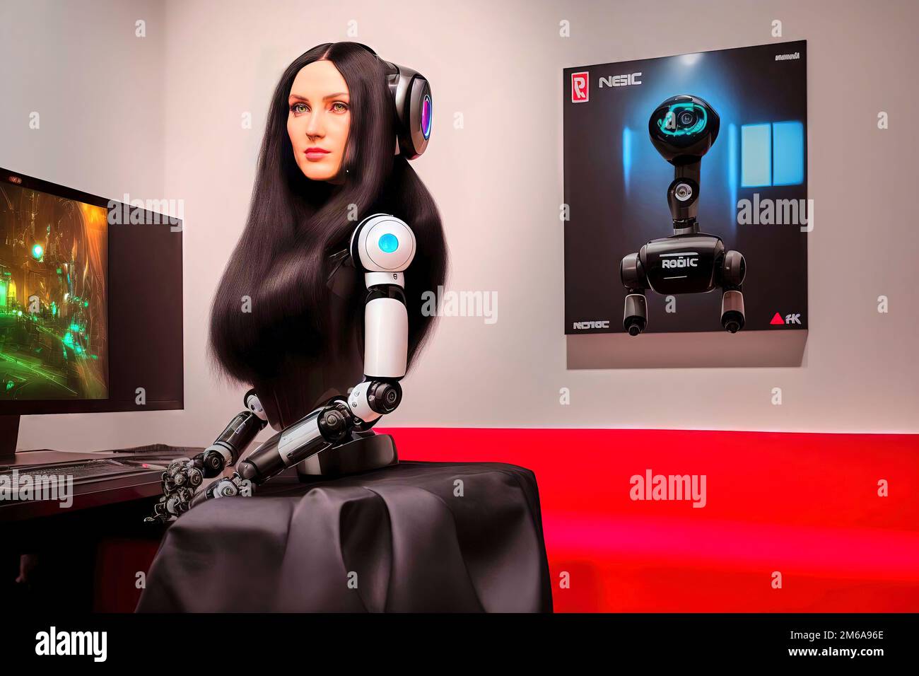 Cyborg with mechanical biotechnology arms and head of woman with long black hair at computer workstation, fictional person, made with generative AI Stock Photo