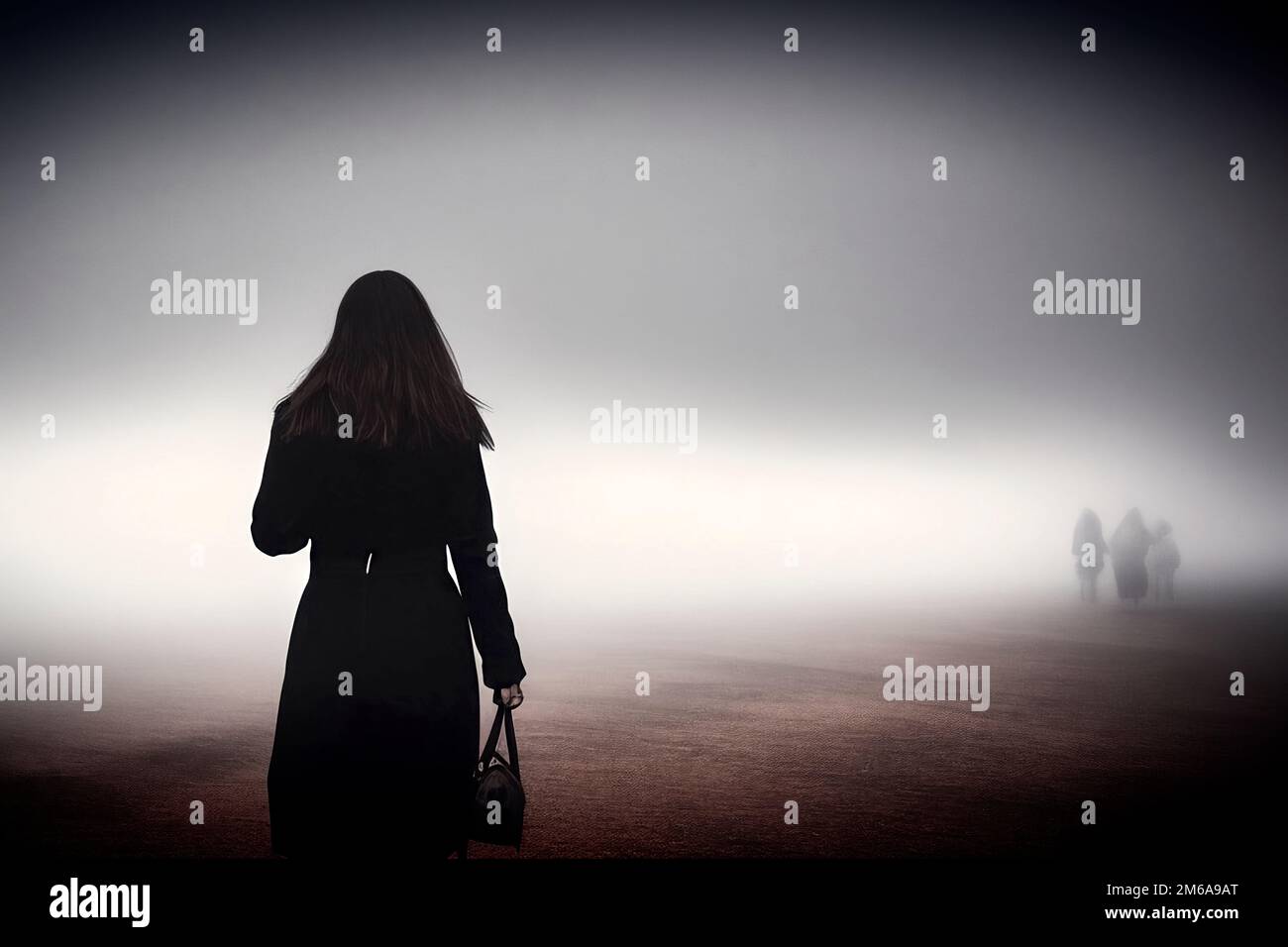 Eerie abstract representation of the back view of a woman with long hair striding through a foggy world toward a blurred group of people, made with ge Stock Photo