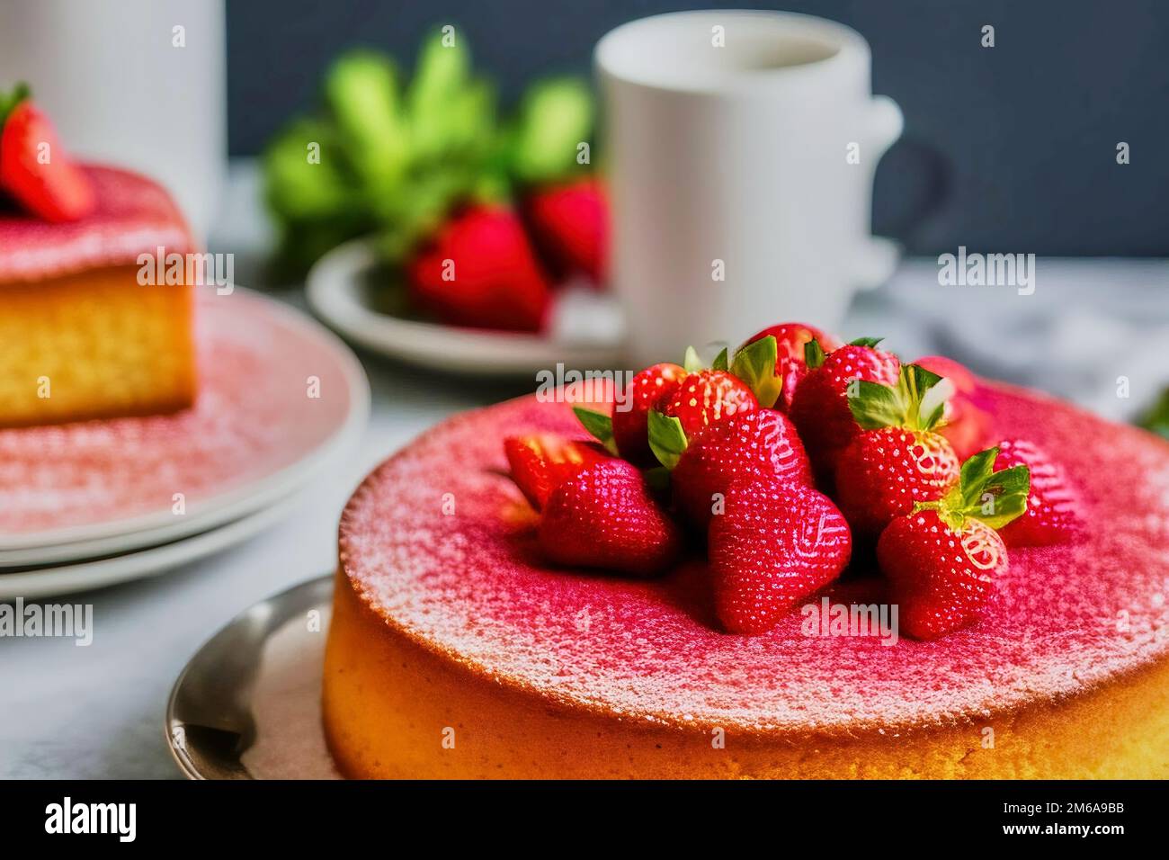 Small fluffy cake sprinkled with powdered sugar and decorated with whole strawberries with green leaves, made with generative AI. Stock Photo