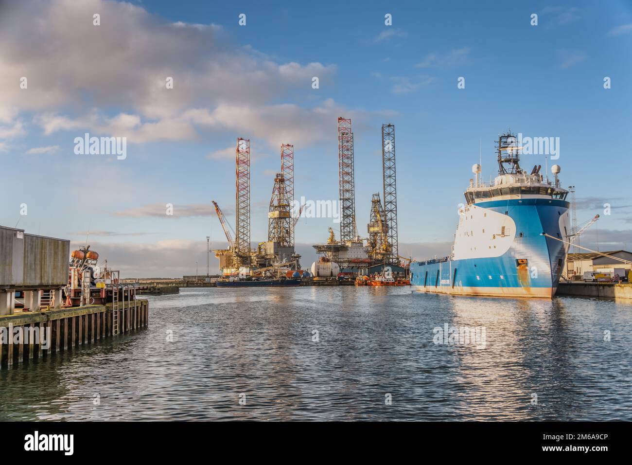 Oil rigs in Esbjerg harbor at the North Sea, Denmark Stock Photo