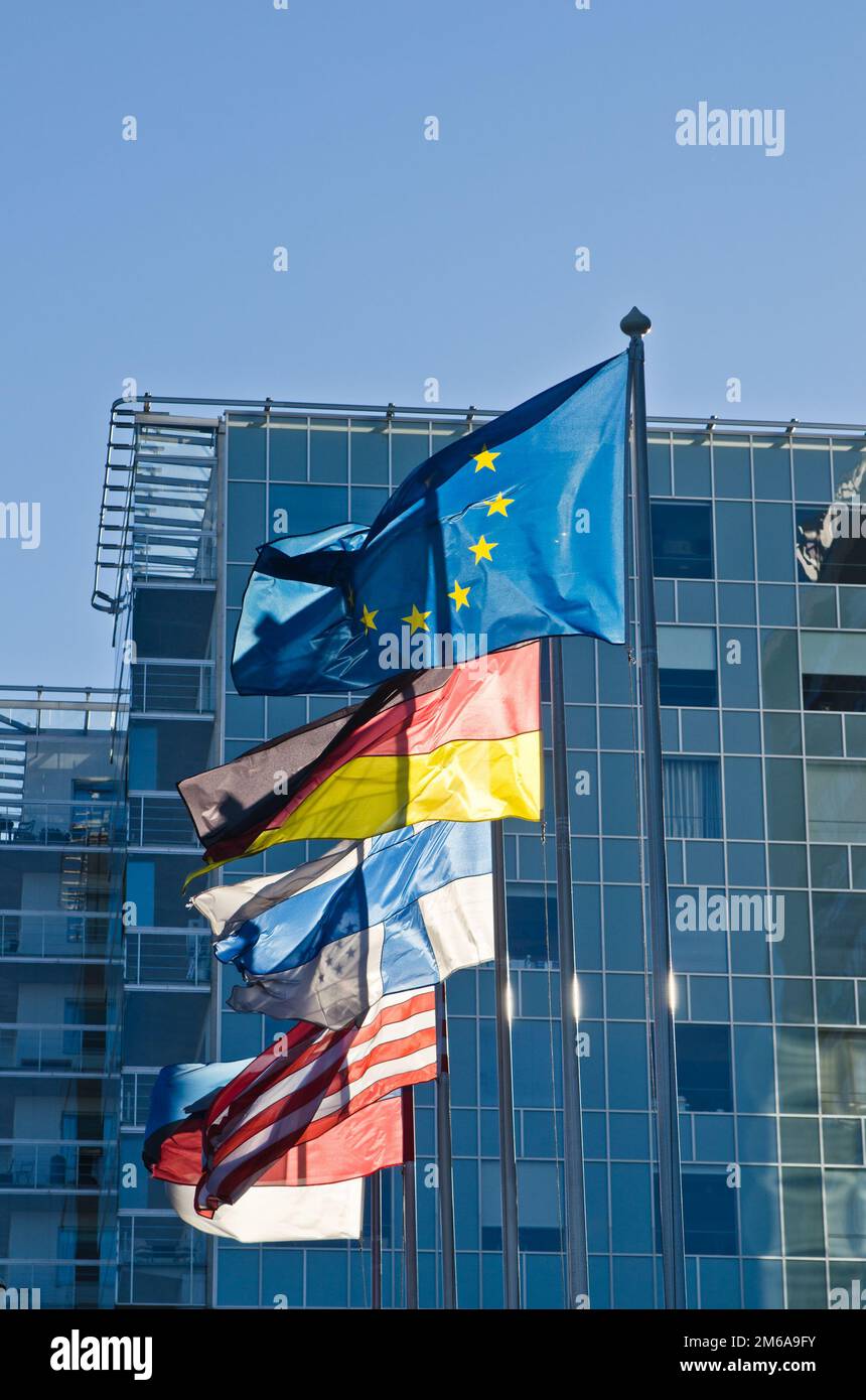 Fluttering flags of the countries of the European Union Stock Photo