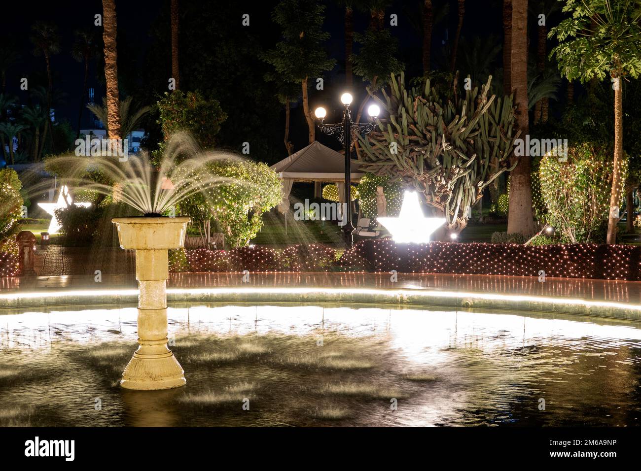 The floodlit garden of the Winter Palace Hotel Luxor Egypt during the Christmas season Stock Photo