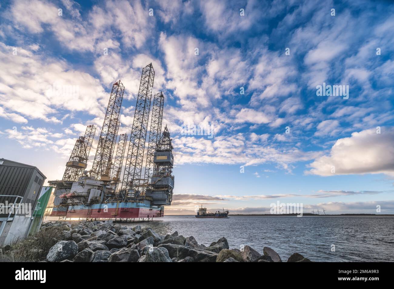 Oil rigs in Esbjerg harbor at the North Sea, Denmark Stock Photo