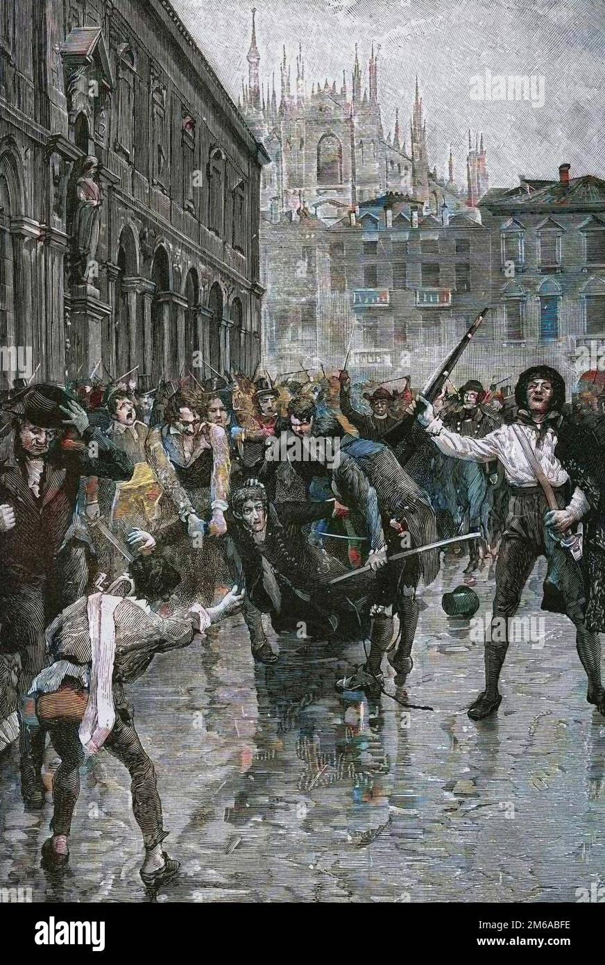 Napoleon's abdication encourages riots in Milano, and Giuseppe Prina, the unpopular finance minister, is dragged round the streets and finally killed by the mob in Piazza San Fedele in Milan, April 20, 1814 - Le 20 avril 1814, la population pille la maison du ministre des Finances Giuseppe Prina sur la piazza San Fedele lors de la chute de Napoleon Ier - Stock Photo