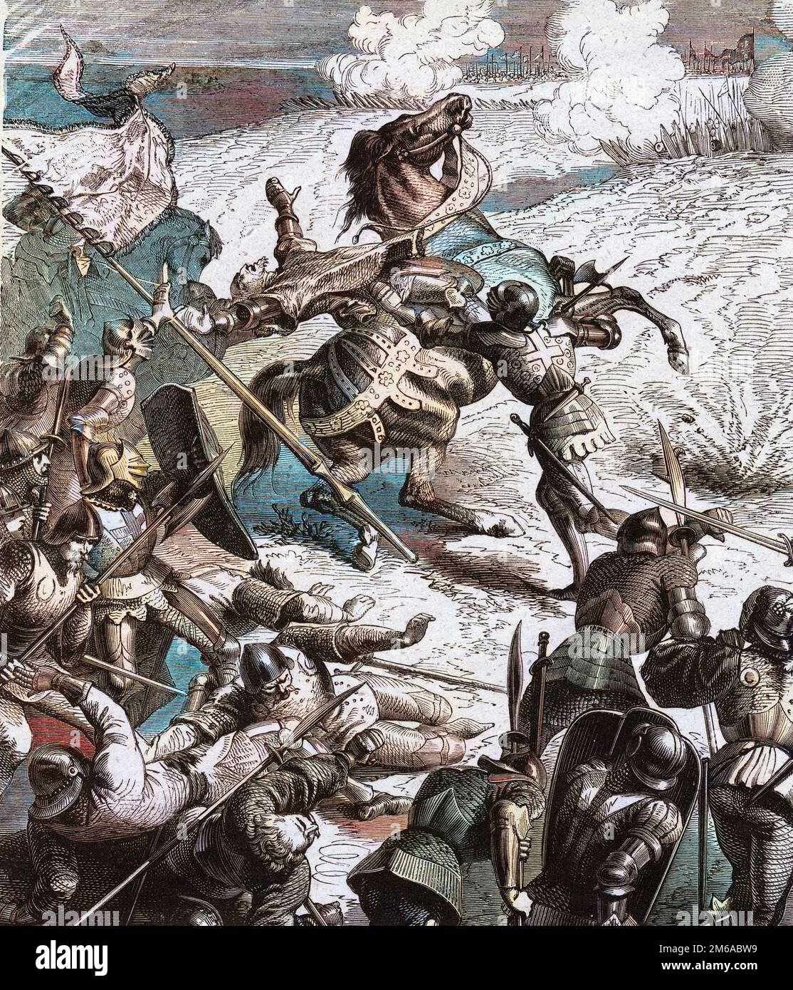 Bataille de Castillon gagnee par le Jean d'Orleans ou Jean comte de Dunois dit le batard d'Orleans (1402-1468) sur les anglais commandes par Lord Talbot, le 17 juillet 1453. Gravure de 1891 Stock Photo