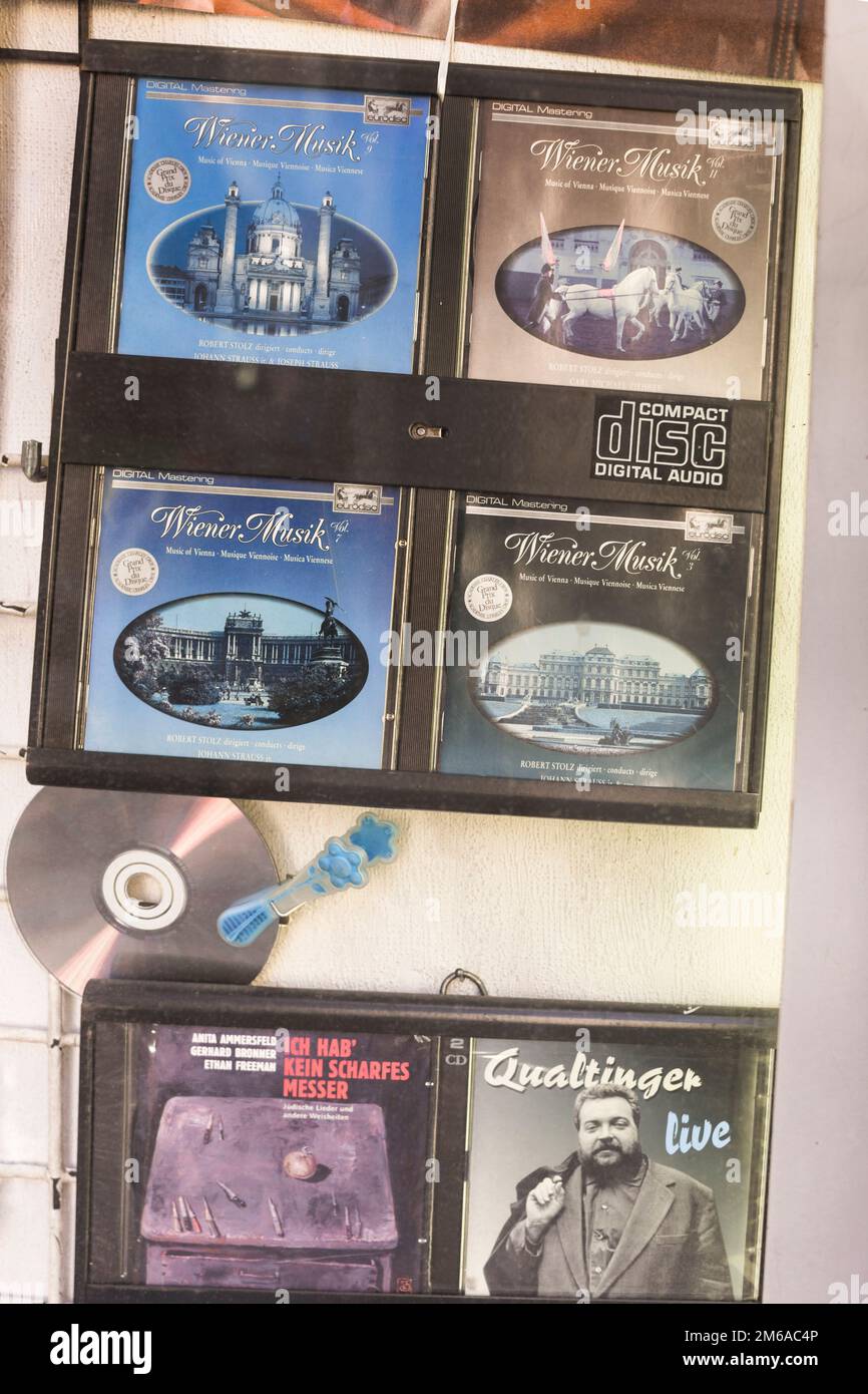 Viennese music,  cds in a shop window, vienna Stock Photo
