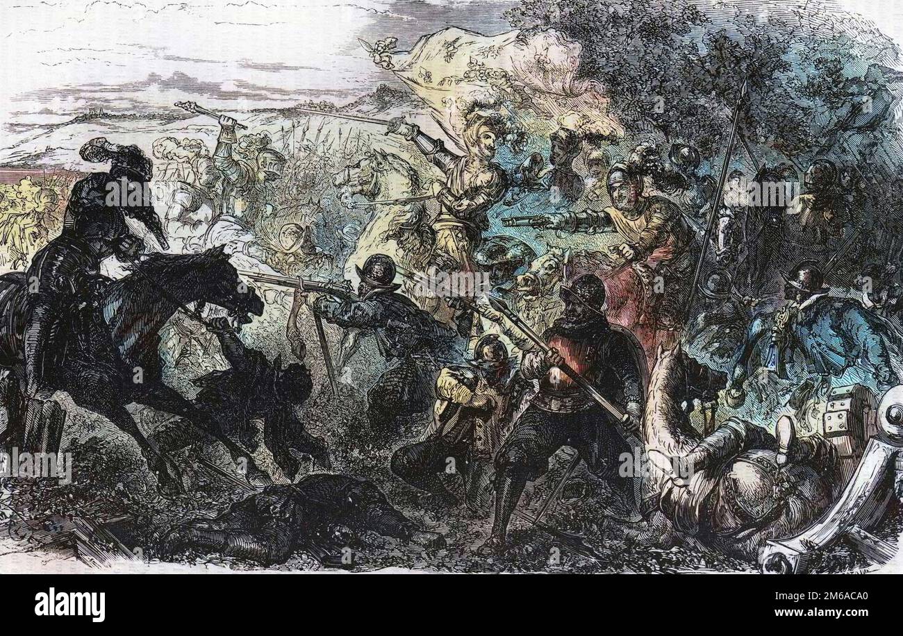 La bataille de Coutras se déroule le 20 octobre 1587, pendant les guerres de Religion - Bataille de Coutras en 1587, remportee par Henri de Navarre, futur Henri IV. In 'Histoire Populaire de la France', vers 1885. Gravure. Stock Photo