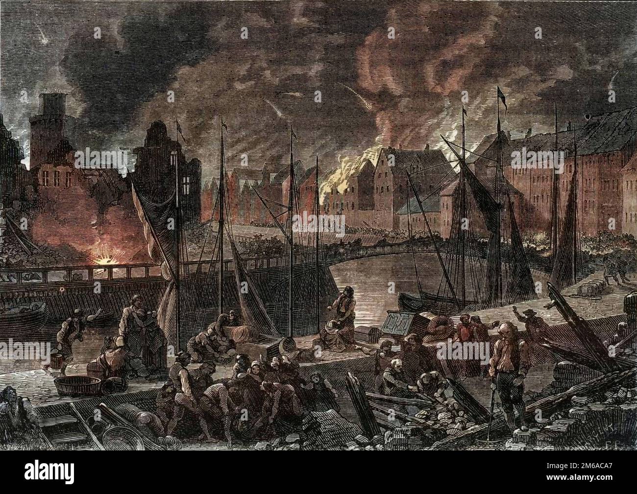 The Second Battle of Copenhagen (or the Bombardment of Copenhagen) (16 August-5 September 1807) British bombardment of Copenhagen in order to seize the Dano-Norwegian ft, during the Napoleonic Wars - Guerres anglaises - La bataille de Copenhague de 1807 ou seconde bataille de Copenhague -1879 Stock Photo