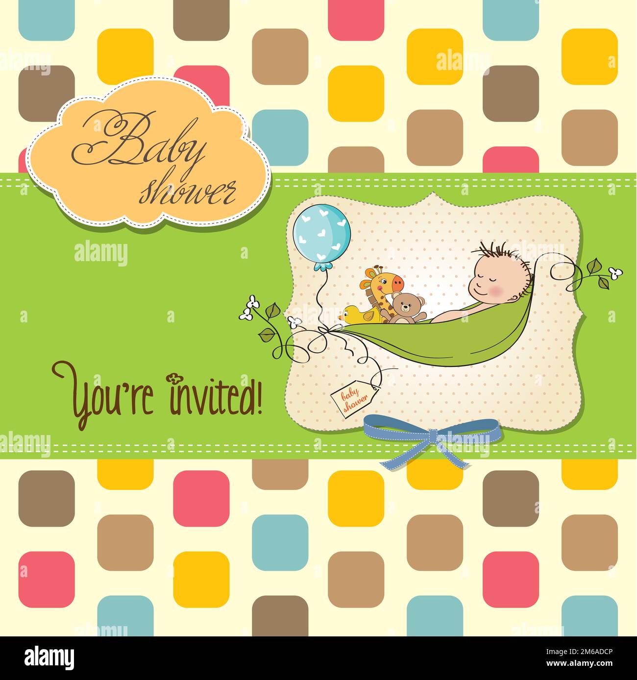 Little boy sleeping in a pea been, baby shower card Stock Photo