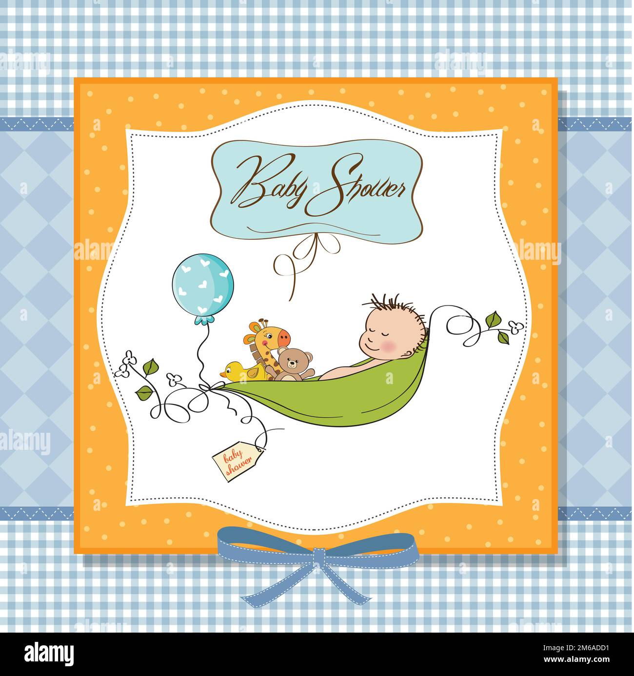 Little boy sleeping in a pea been, baby announcement card Stock Photo