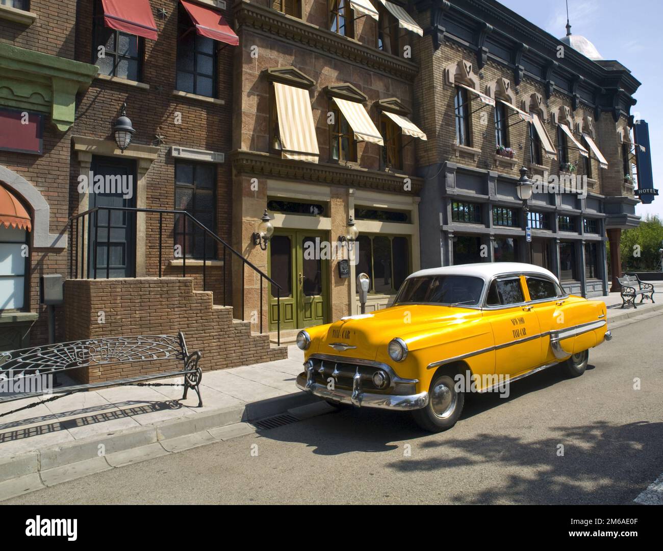 Old American Taxi in a old town Stock Photo