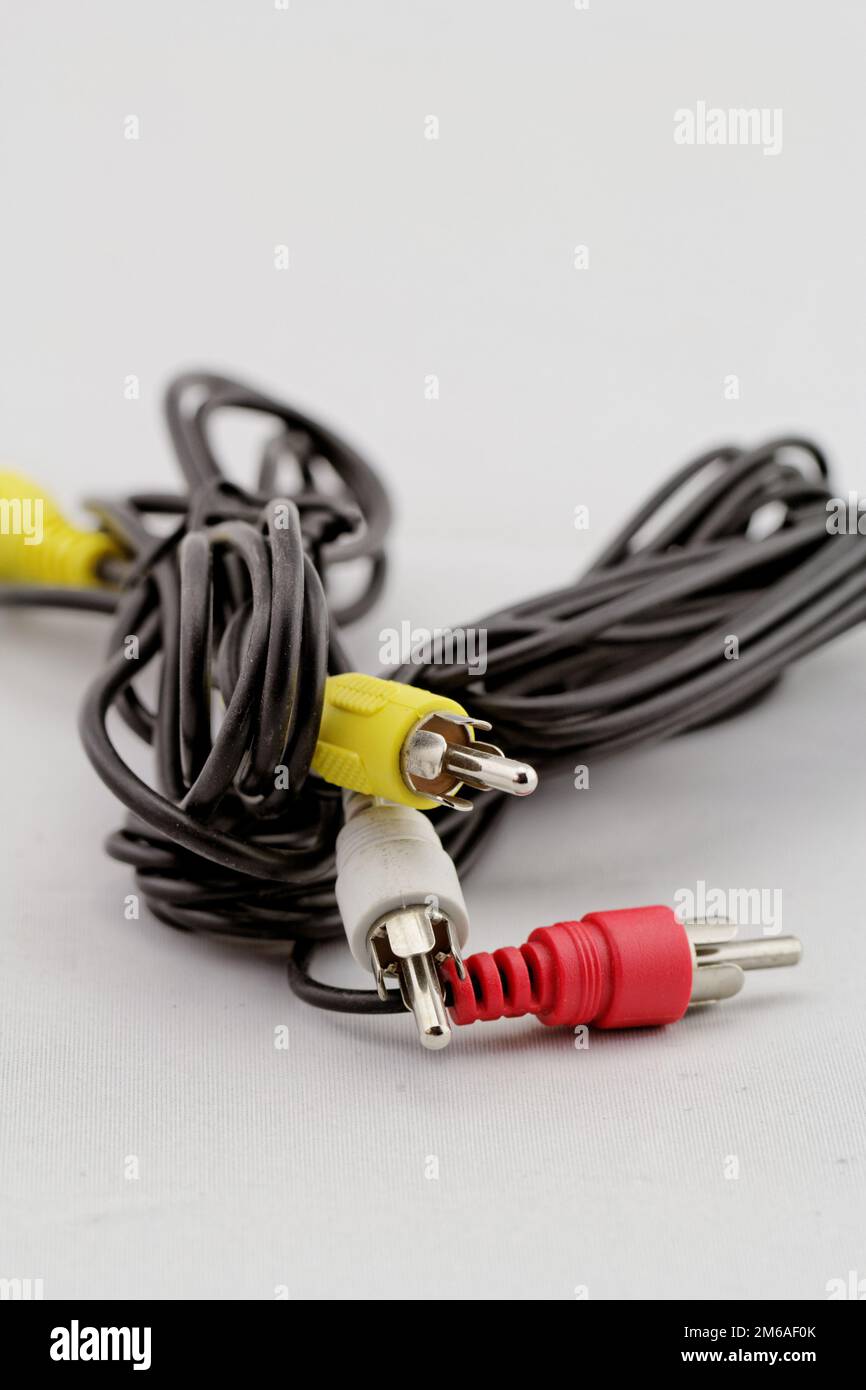 Three audio (left - right) - video RCA cable and plug (red Stock Photo