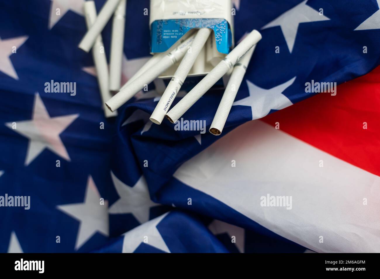 Transportation of illegal tobacco goods. Cigarettes on background of