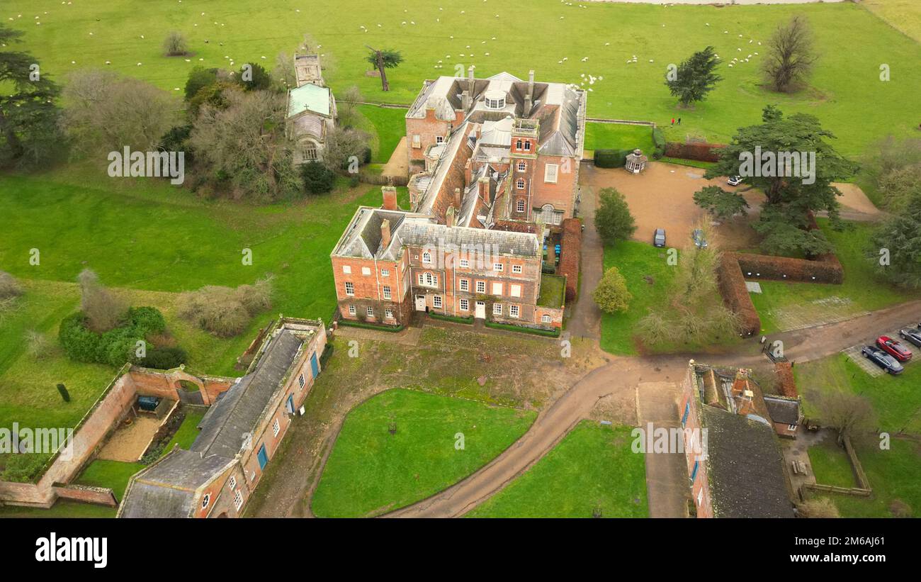An aerial view of the historic Claydon House in the Aylesbury Vale, Buckinghamshire, England