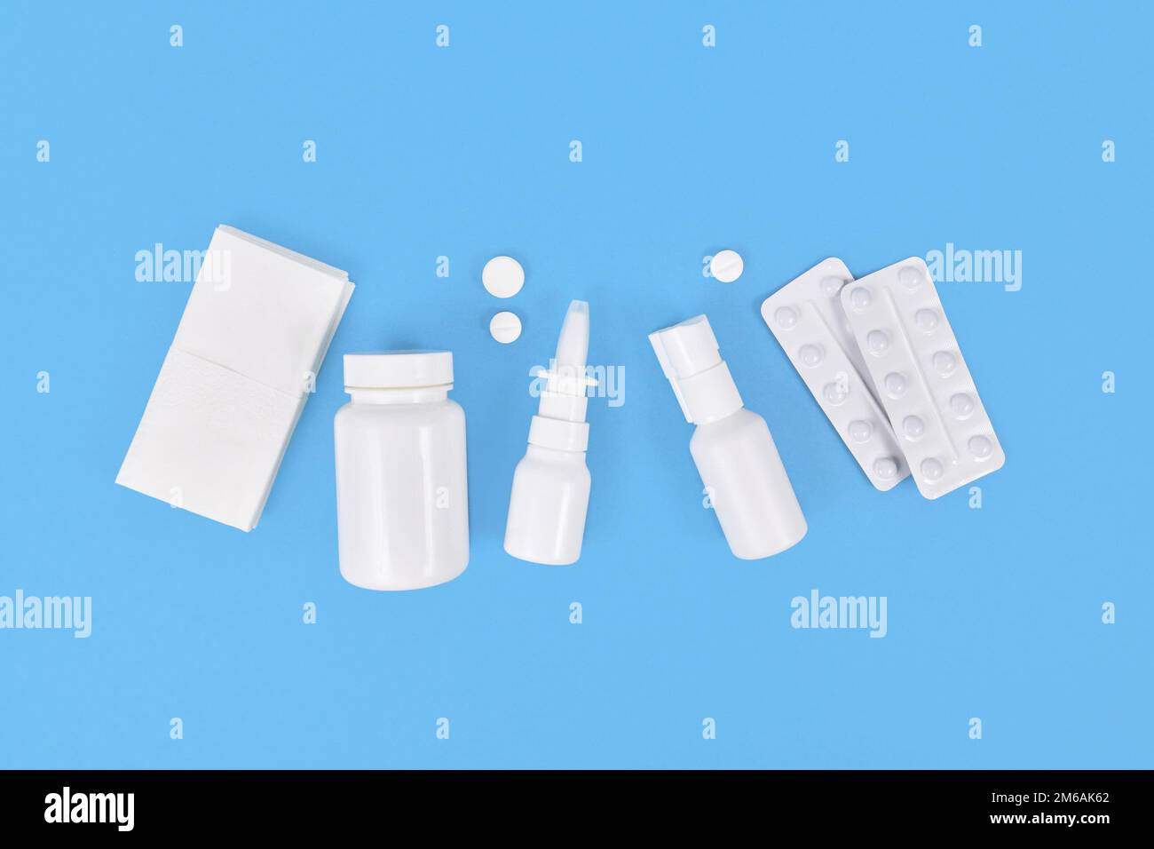 Medication for cold and flue. Nasal spray, throat spray, pills and