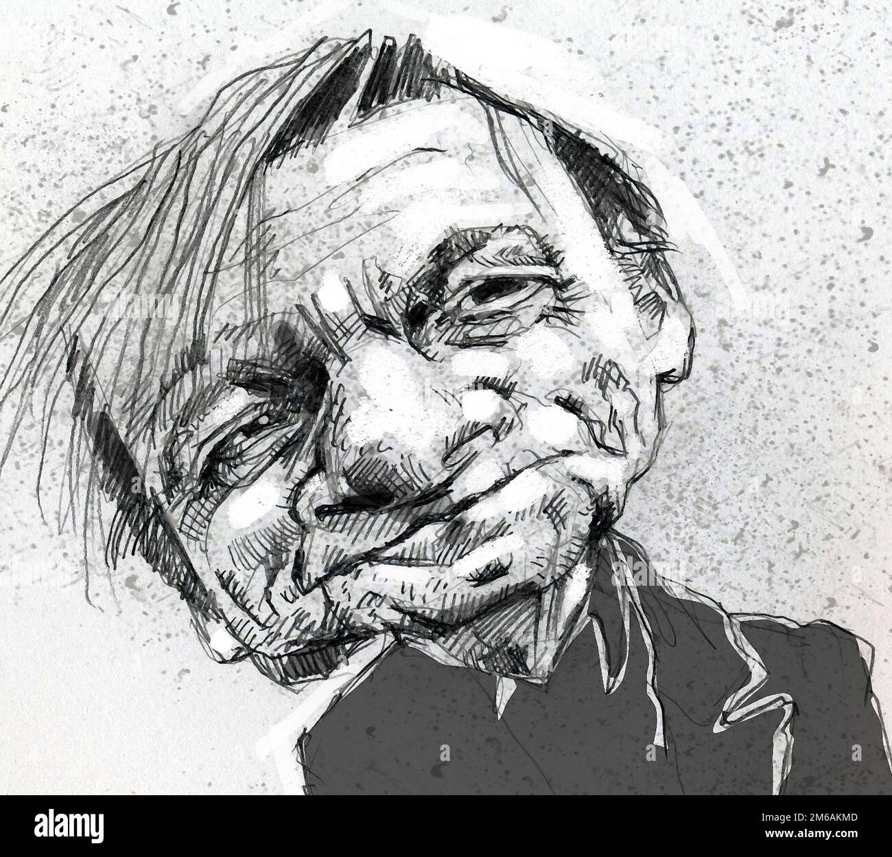 Art illustration of Mark E. Smith (Mark Edward Smith) English singer, lead singer, lyricist & only constant member of the post-punk group The Fall. Stock Photo