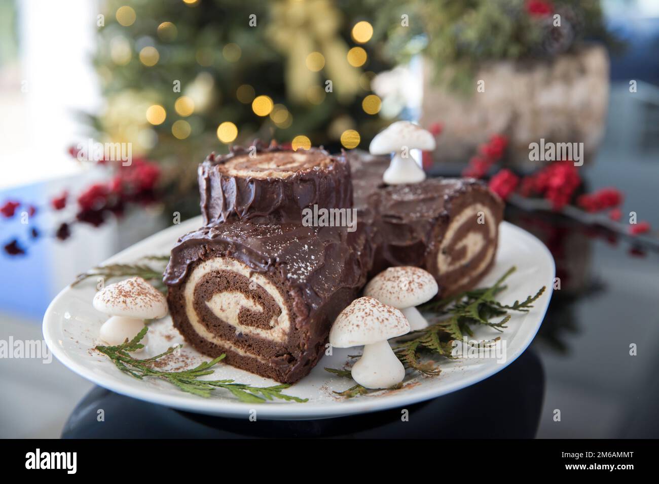 Decorated yule log with christmas tree in the background Stock Photo