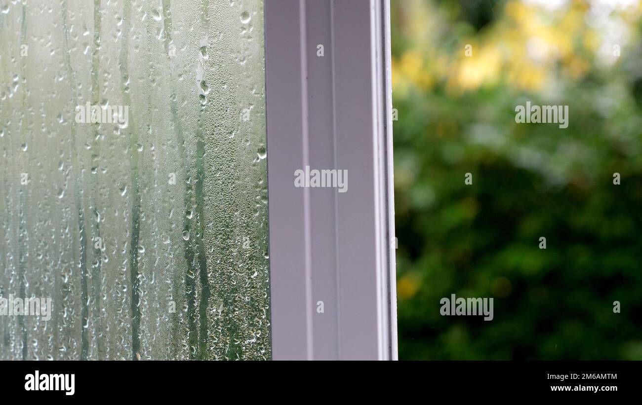 Opened home window view in a garden. Wet glass. Drops on the glass. Abstract view. Stock Photo