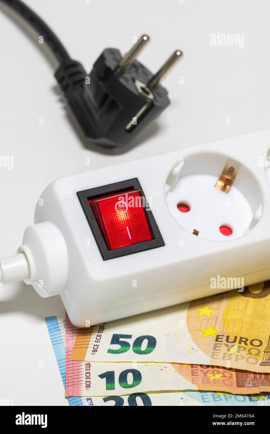 Switchable power outlet strip strip, plug, euro banknotes, symbol