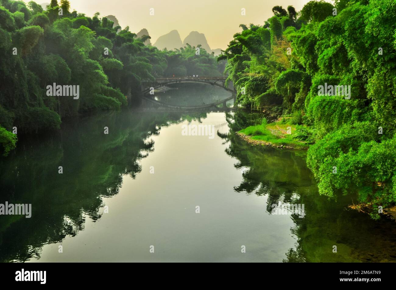 Landscape of Li River in Winter, Guilin, China - The Li River or Lijiang is a river in Guangxi Zhuang Stock Photo