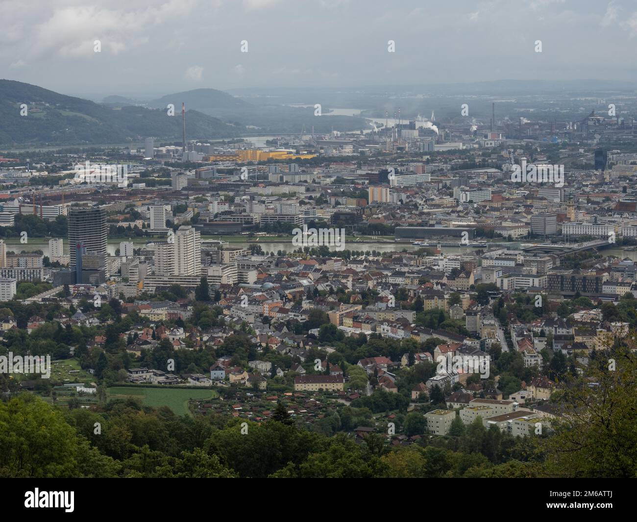 View from the Poestlingberg to the industrial area of VOEST-Alpine, Linz, Austria Stock Photo