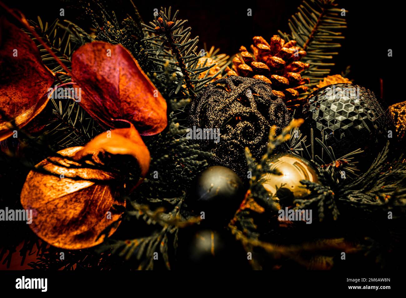 Christmas bouquet of spruce (Picea), pine (Pinus) and Nordmann fir (Abies nordmanniana) branches with golden pine cones (pinea), green and golden Stock Photo