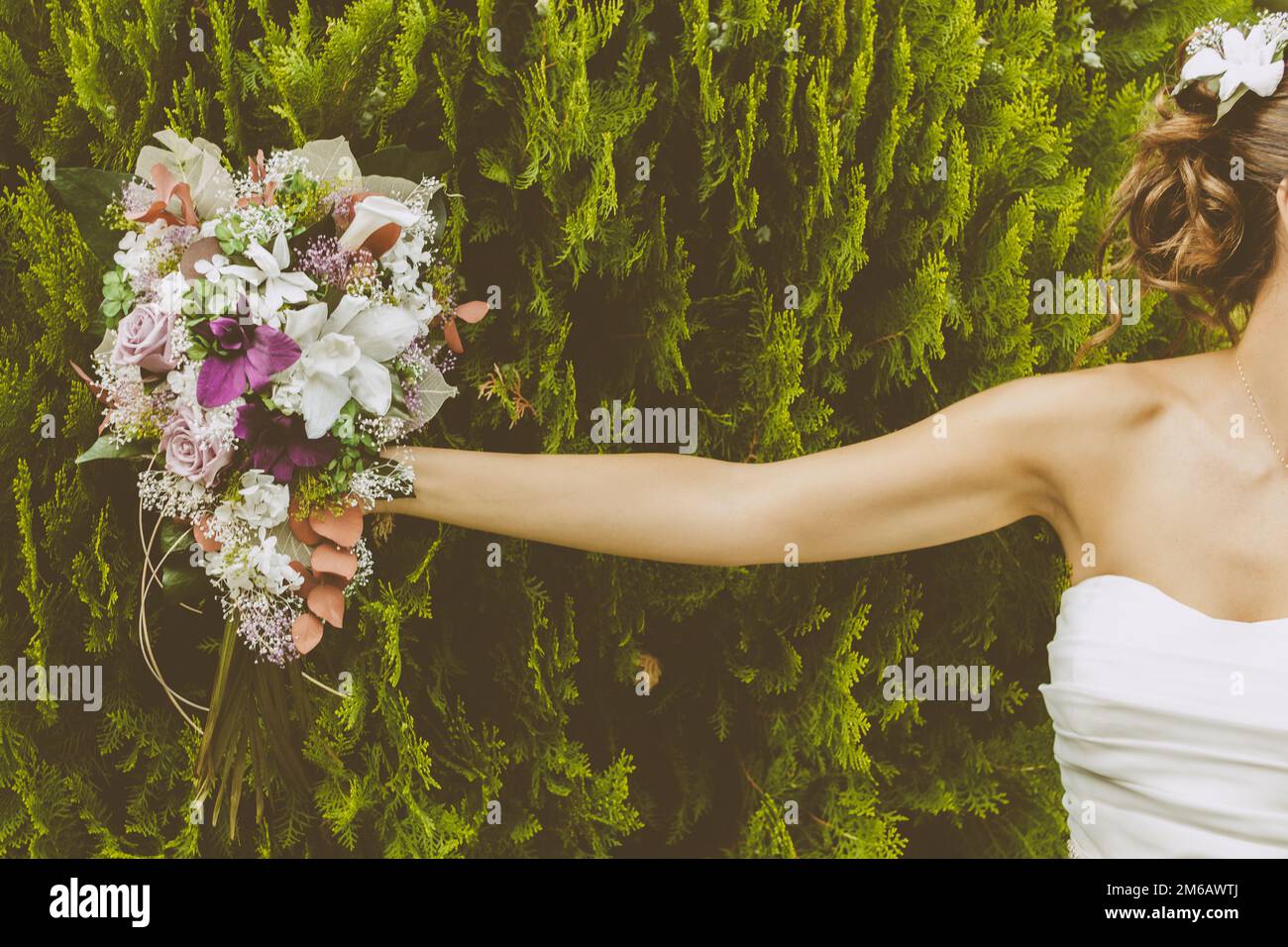 Bride with a Beautiful Bouquet of Flowers Stock Photo