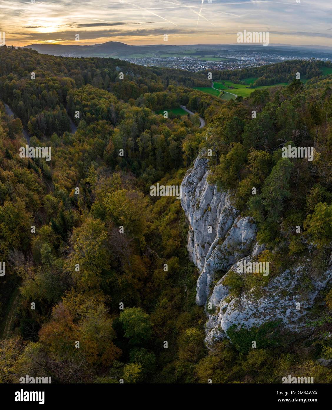 Ingelstein, striking climbing rock, Basel Jura, drone image, Gempen, Solothurn, Switzerland Stock Photo