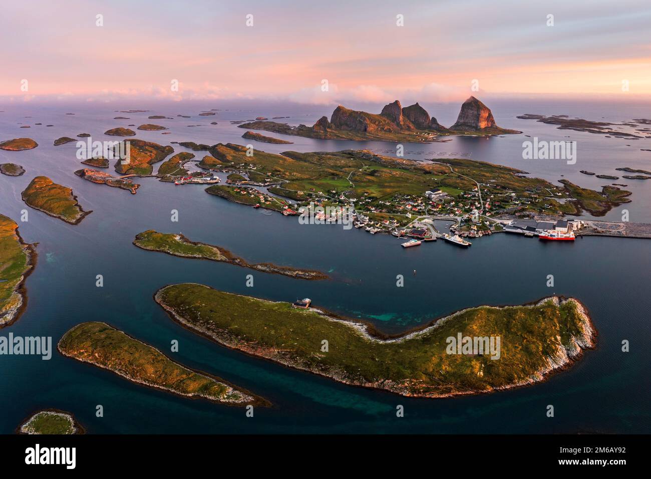 Aerial view of Traena Island in the evening, Traena, Sanna, Husoy ...