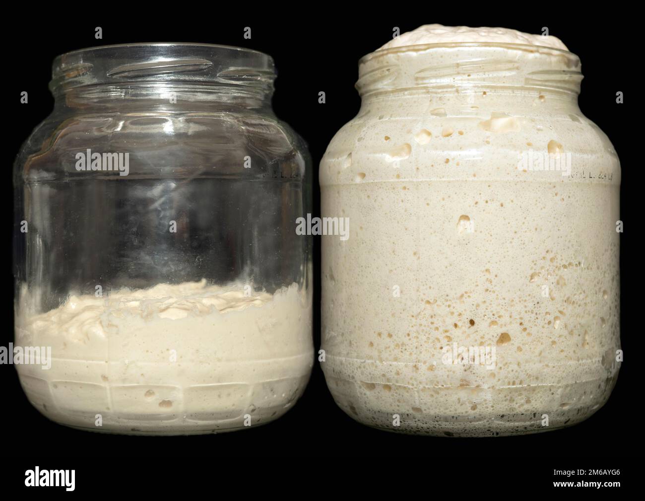 Baking dough with yeast (Saccharomyces cerevisiae) fermenting in a glass, food photography with
