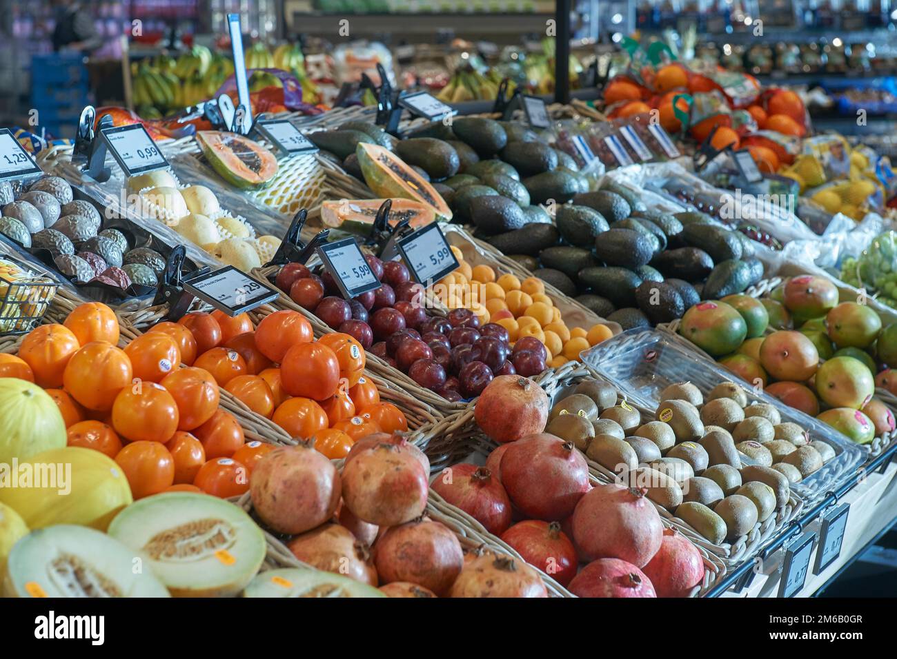 Kiwi, plums, melon, mango, pomegranates, exotic fruits, Edeka