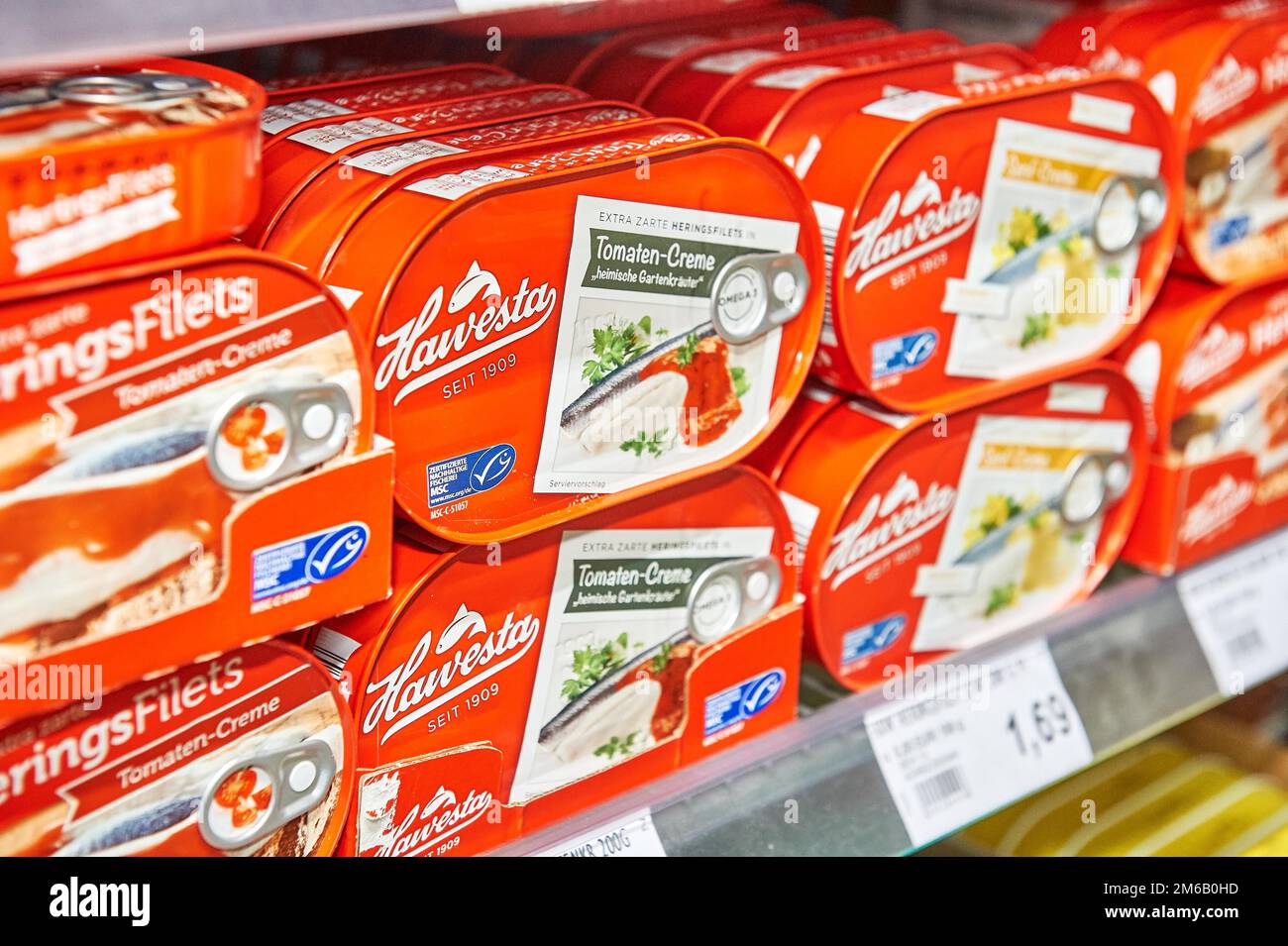Canned fish, Famila Reinbek, Schleswig-Holstein, Germany Stock Photo