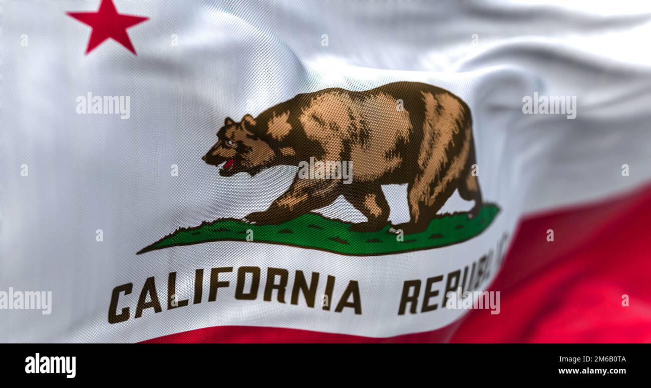 Close-up view of the California State flag waving. California flag is also the Bear Flag. Rippled Fabric. Textured background. Selective focus. Realis Stock Photo