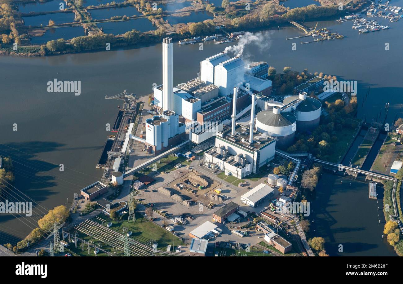 Aerial view of Tiefstack CHP plant with borehole for geothermal energy, energy, electricity, economy, power, CO2, 21st century, energy production Stock Photo