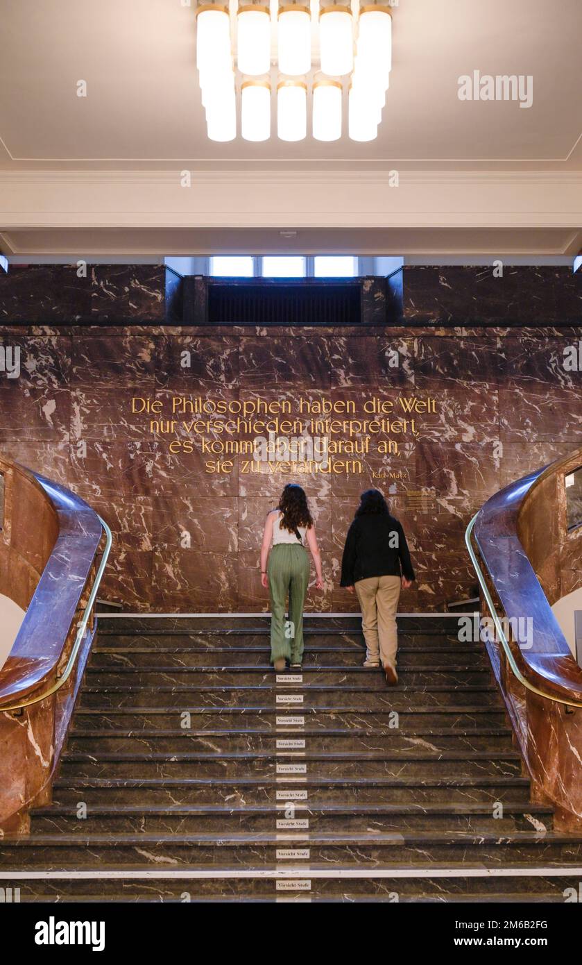 Lettering, Karl Marx quote, staircase, foyer, main building, Humboldt University, Unter den Linden, Mitte, Berlin, Germany Stock Photo