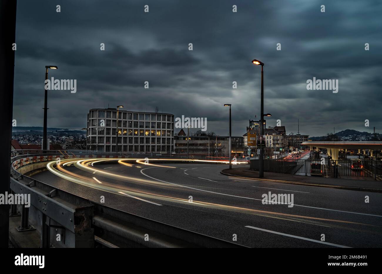 Station bridge by night, Pforzheim, Germany Stock Photo