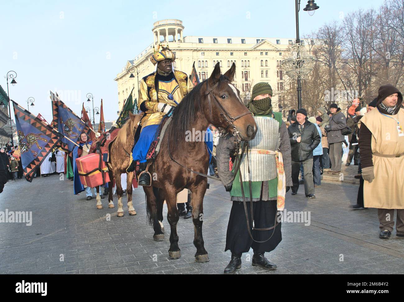 A volunteer dressed as Balthazar - one of the Three King during the annual Three Kings Day Parade (Epiphany)on January 06. Stock Photo