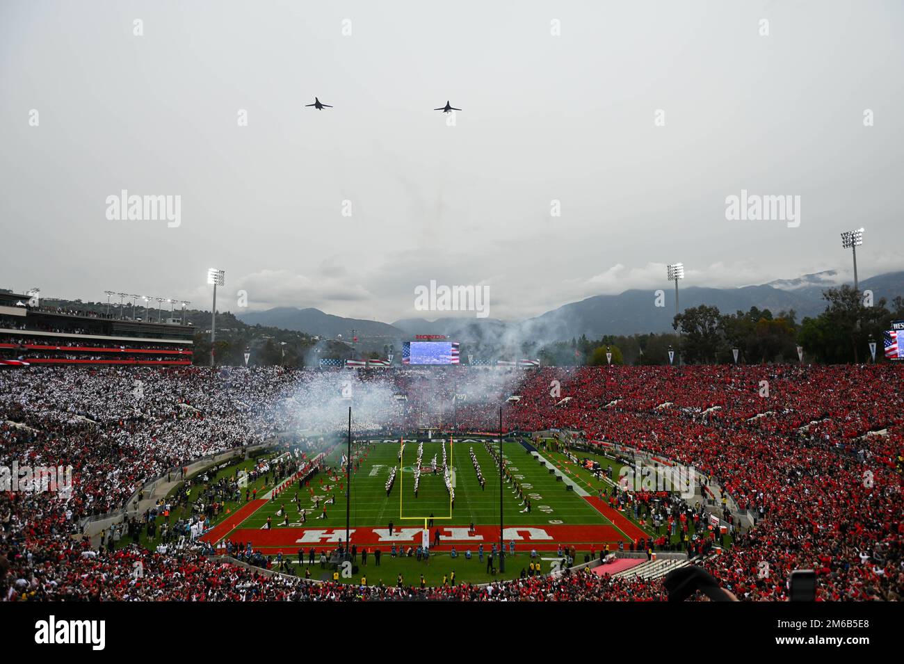 Two B-1B Lancer Bombers flyover the Rose Bowl Stadium before the Rose Bowl game between the Utah Utes and the Penn State Nittany Lions on Monday, Jan. Stock Photo
